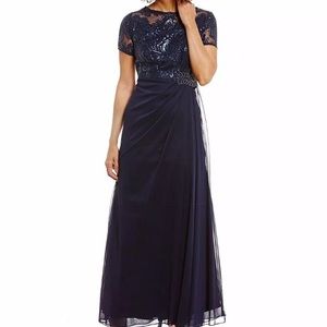 NWT Alex Evenings Navy Sequin Draped Short Sleeve Gown Maxi Dress Size 10